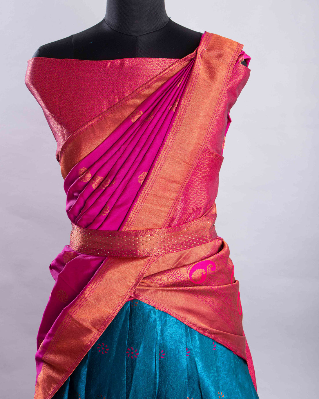 Blue With Pink Colour Printed Semi - Stitched Lehenga