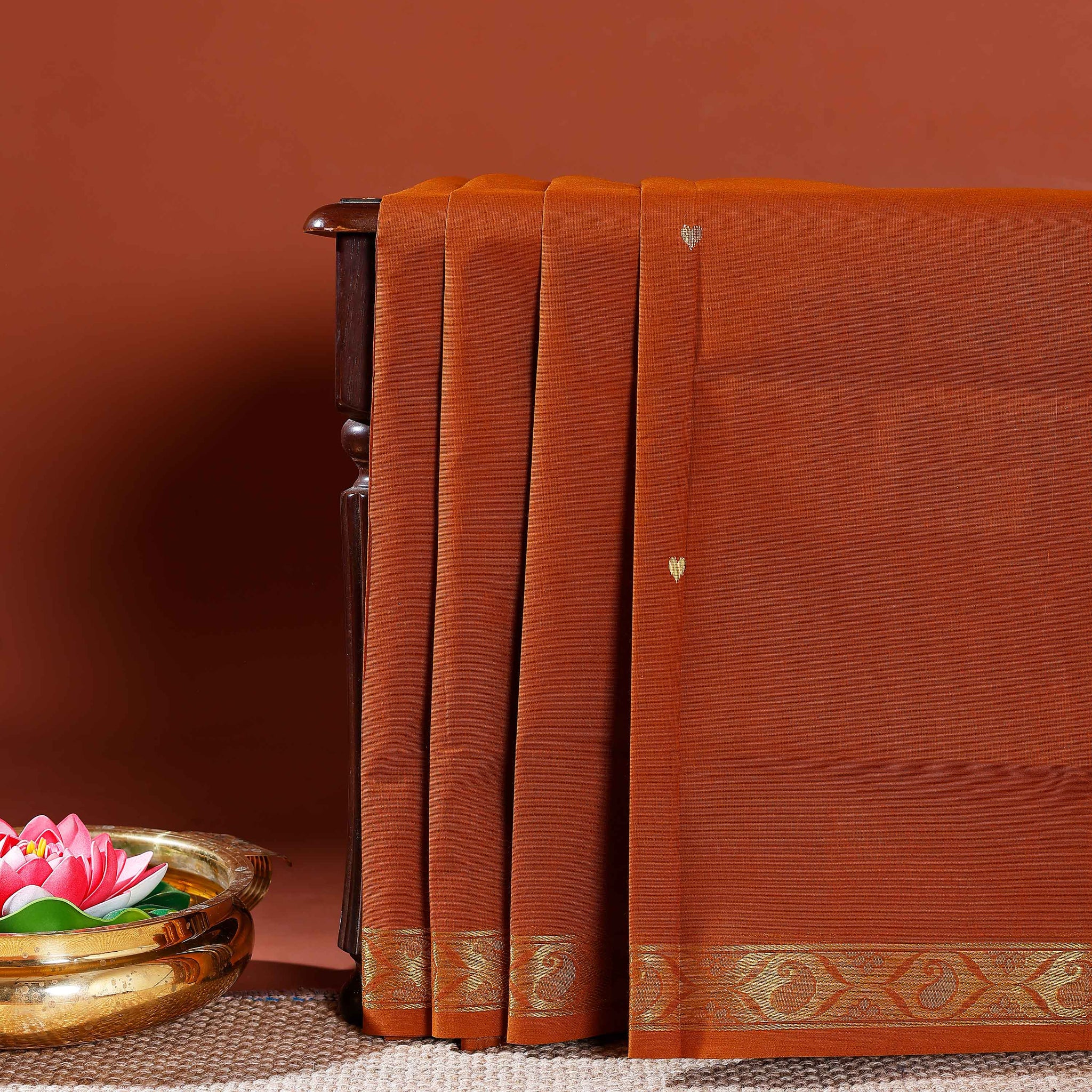 Authentic Handloom Venkatagiri Cotton Saree with Traditional Zari Border and Weave Pattern - Brown