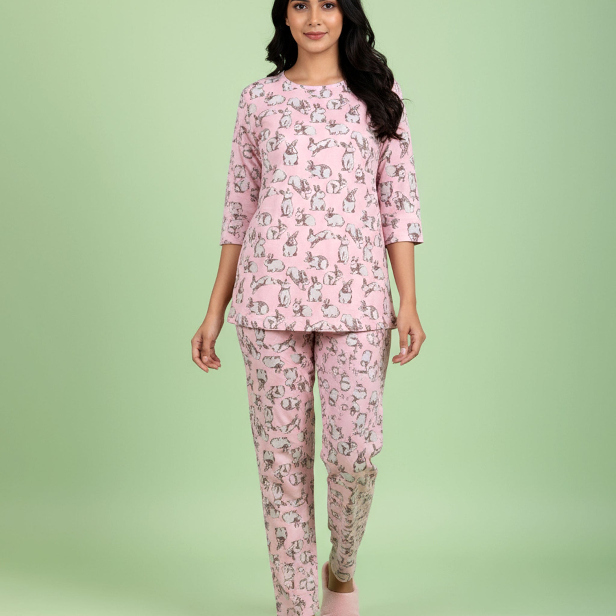 Women's Printed Long Sleeve Night Wear - Pink