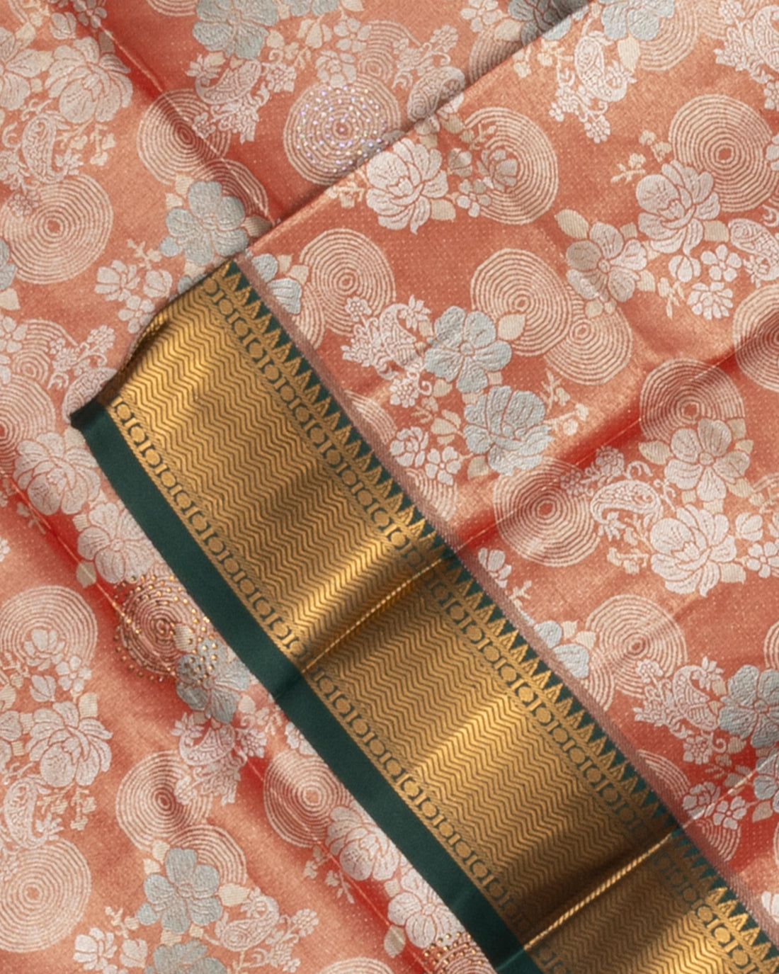 Kanchipuram Tissue Silk Saree with Floral Brocade Weaving and Grand Contrast Zari Border - Peach