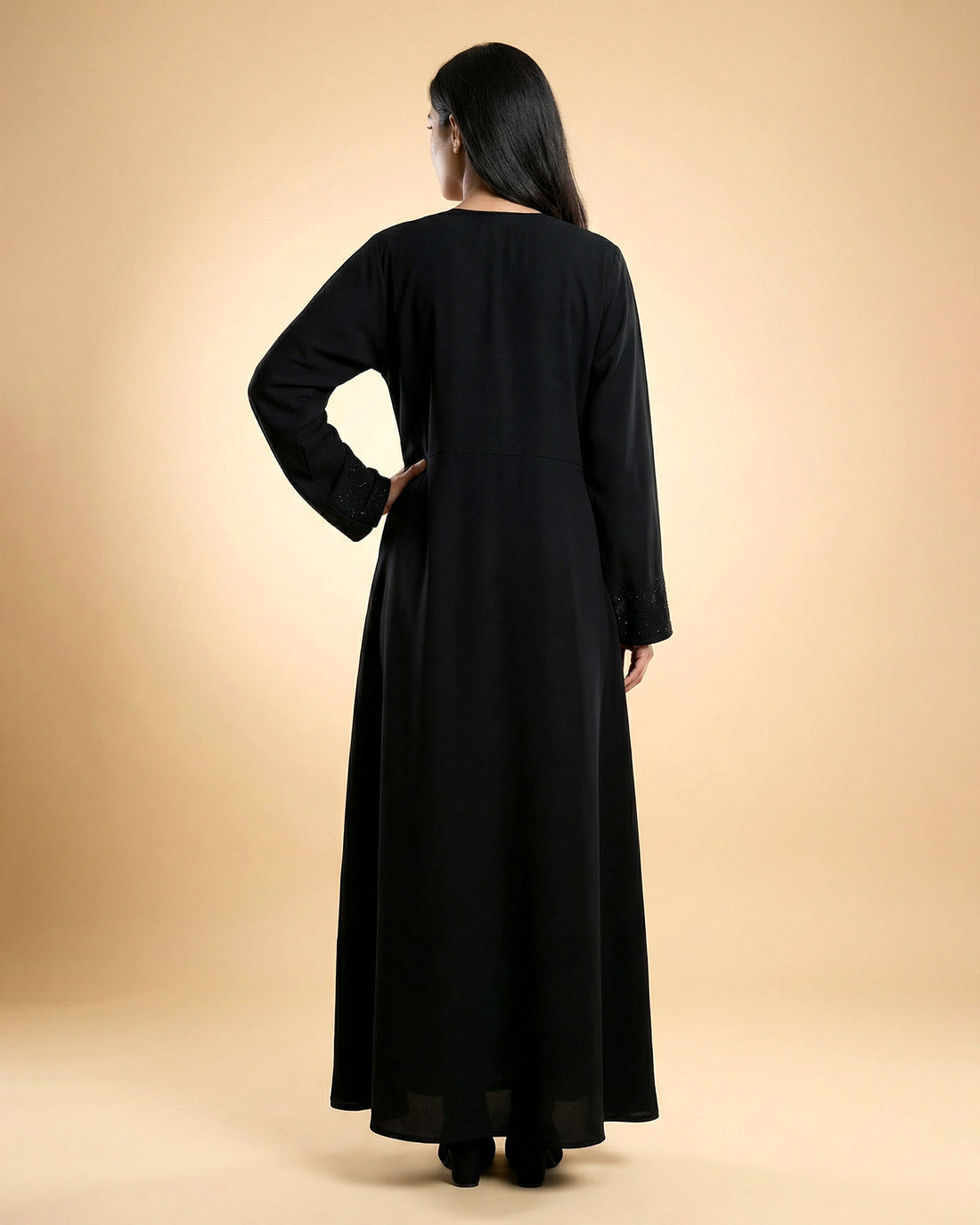 Women’s Elegant Flared Burqa Full Length Modest Abaya with Subtle Sleeve and Hem Embellishment - Black
