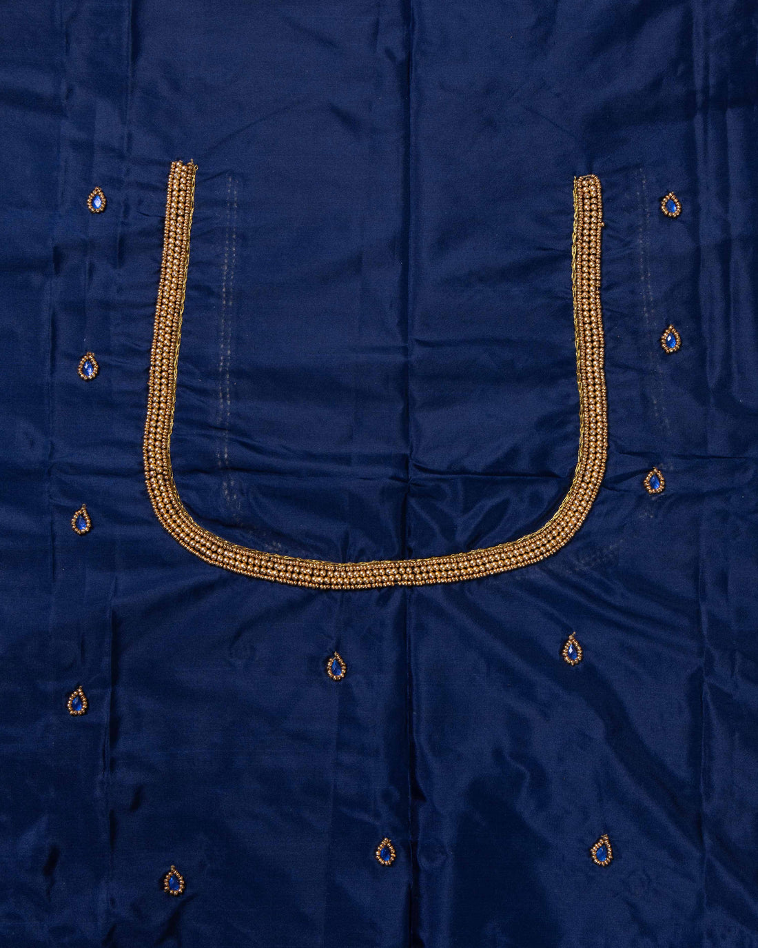 Designer Aari Work Unstitched Blouse Material - Navy Blue