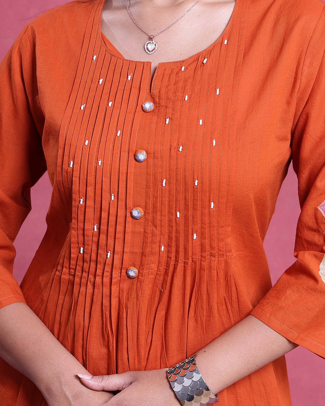 Women’s Readymade Embroidered Salwar Set with Dupatta Elegant Straight Fit Ethnic Wear with Floral Hem Detailing and 3/4th Sleeves - Rust Orange