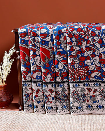 Traditional Handloom Kalamkari Cotton Saree with Intricate Floral and Avian Motifs - Blue