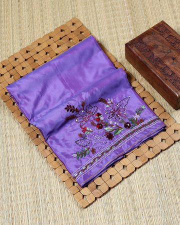 Elegant Hand Embroidered Floral Women’s Blouse Material with Traditional Thread Work Border - Purple