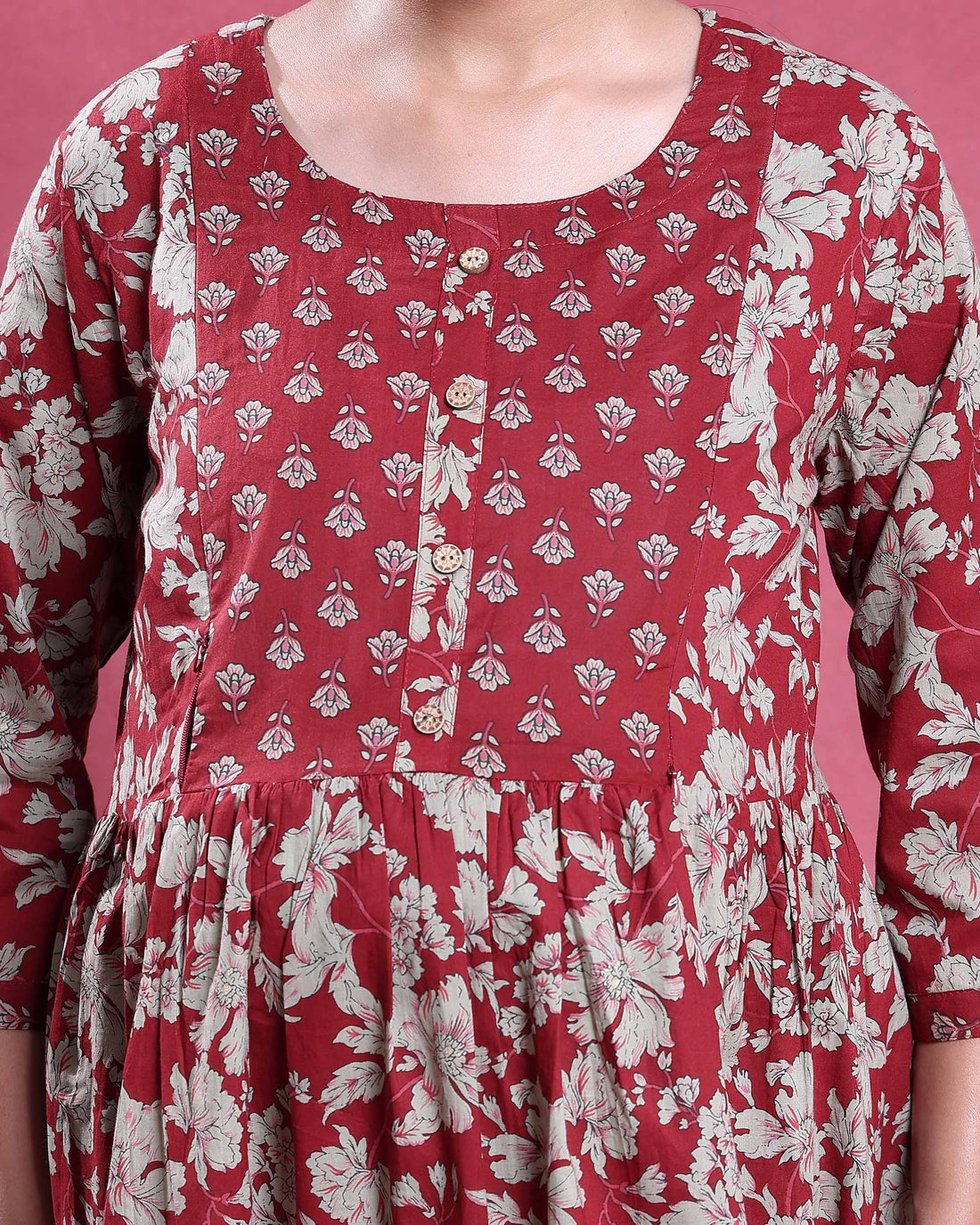 Maternity Wear with floral print in red gathered waist and three quarter sleeves front view on model