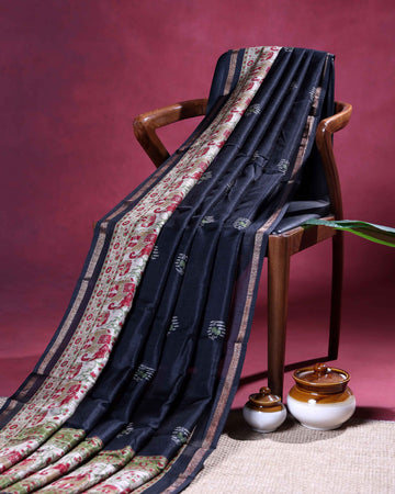 Elegant Semi Tussar Silk Saree with Traditional Elephant and Floral Woven Border - Black