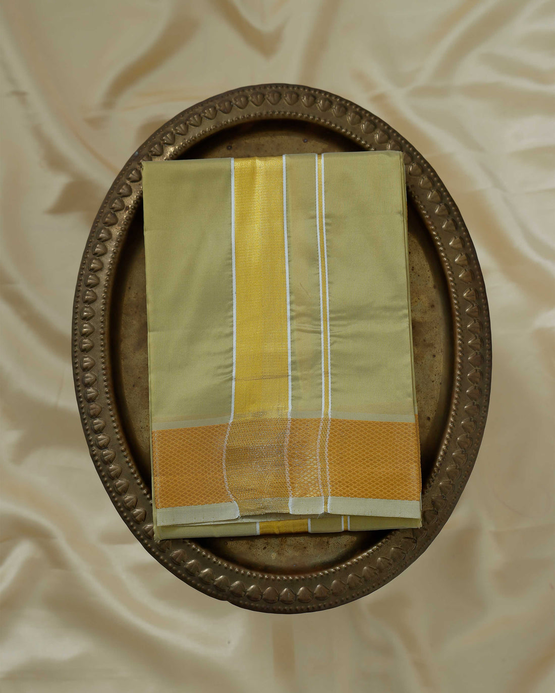 Gold Color Silk Dhoti With 2.40 Meter Shirt Bit & Towle