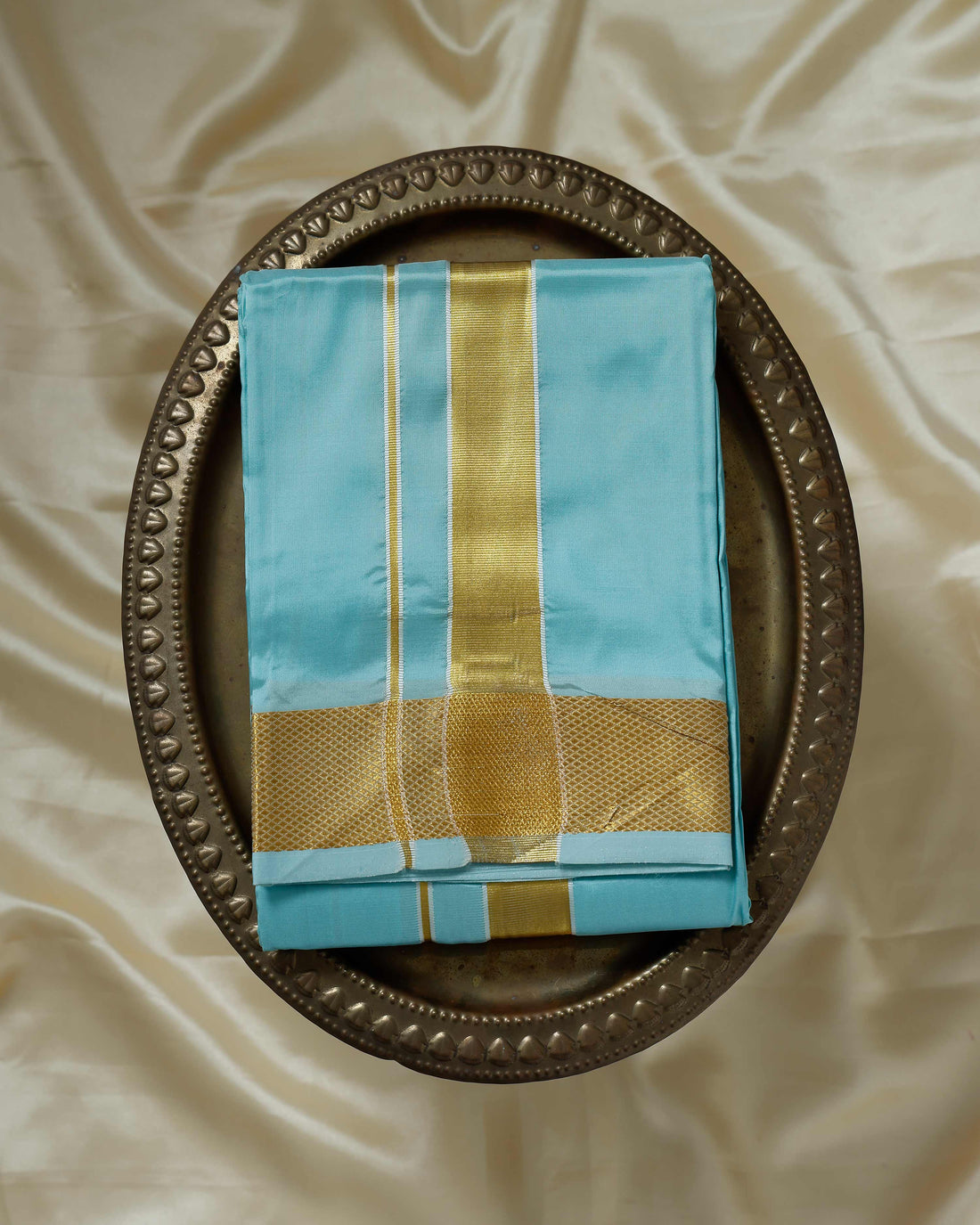 Sky Blue Color Silk Dhoti With 2.40 Meter Shirt Bit & Towle
