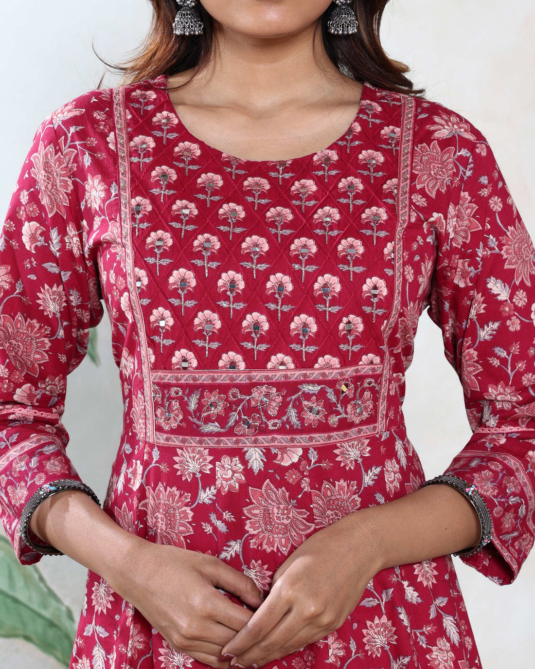 Women’s Ethnic Floral Printed Anarkali Kurta with Round Neck 3/4th Sleeves Gathered Flared Silhouette and Traditional Motif Design - Red