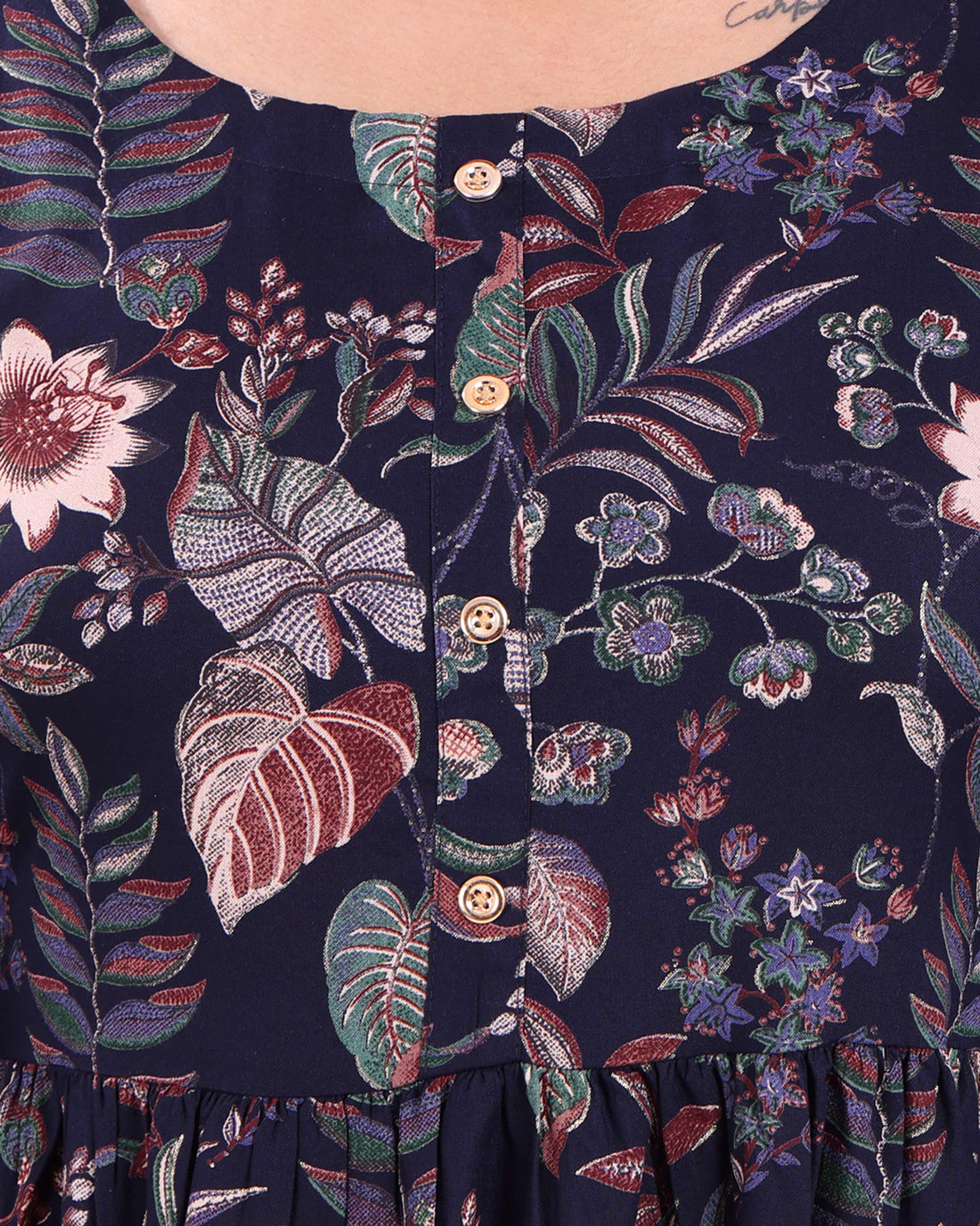 Women's Floral Printed Rayon Anarkali Kurta - Navy Blue