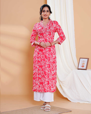 Floral Print Straight Kurta with V-Neck and 3/4th Sleeves - Pink