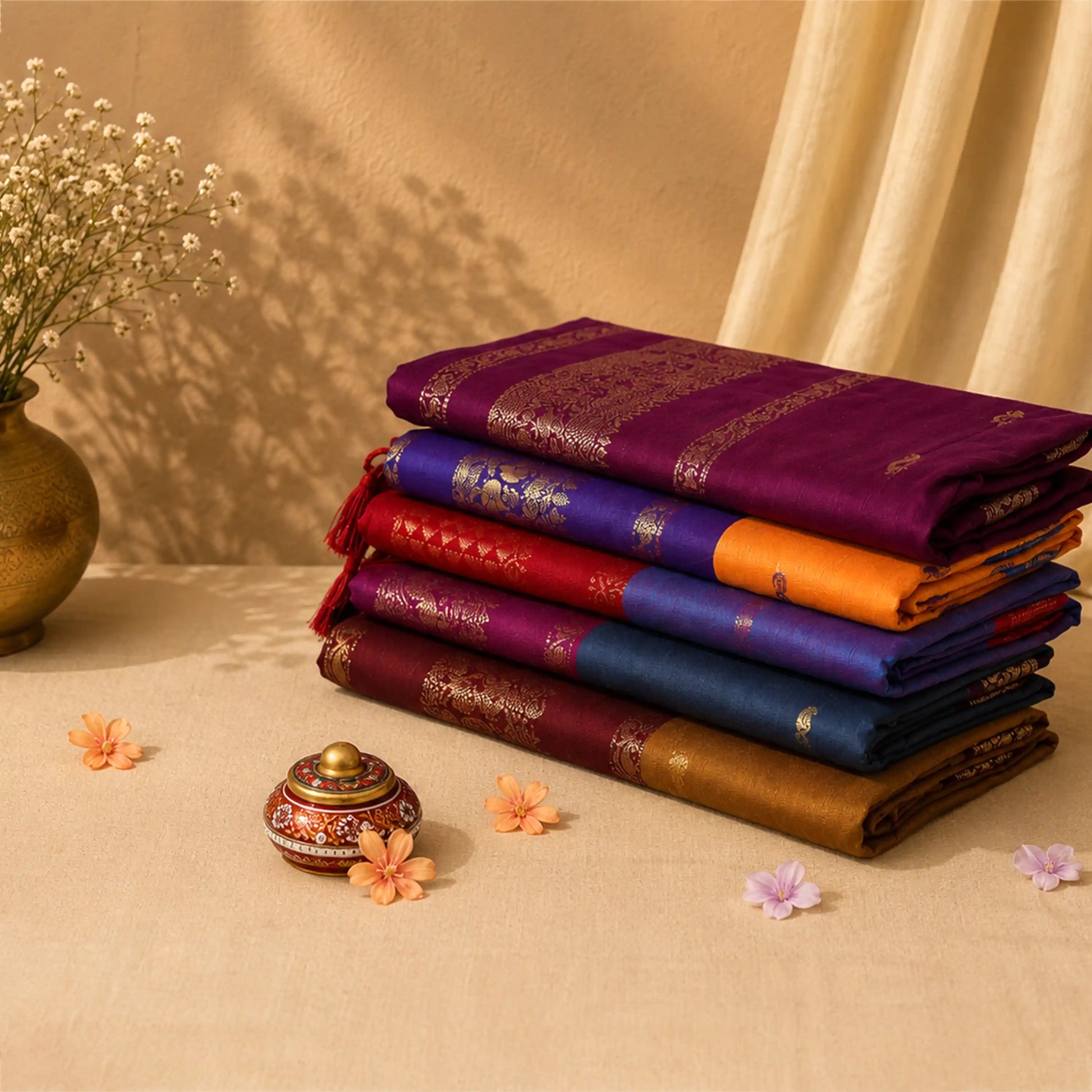 Folded checked kalyani cotton sarees in assorted colors with zari woven borders, stacked display