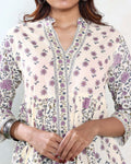 Women’s Leaf Print Collared A-Line Kurti with 3/4th  Sleeves and Button-Down Front, Light Yellow Close Up
