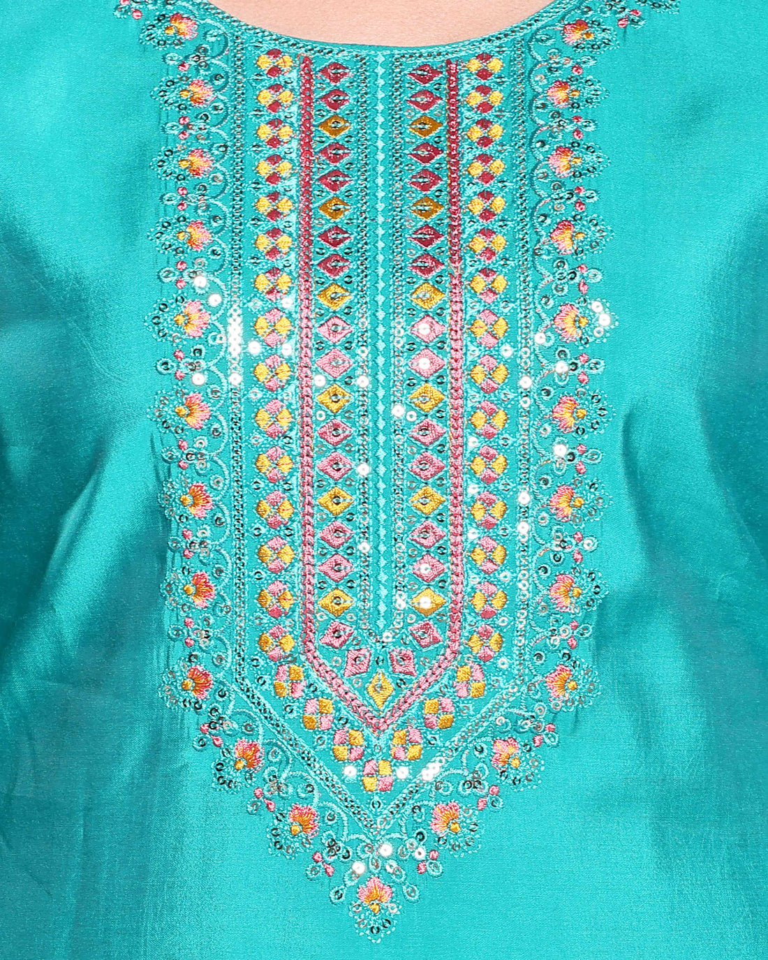 Women's Embroidered Silk Blend Kurta Palazzo Set  - Turquoise