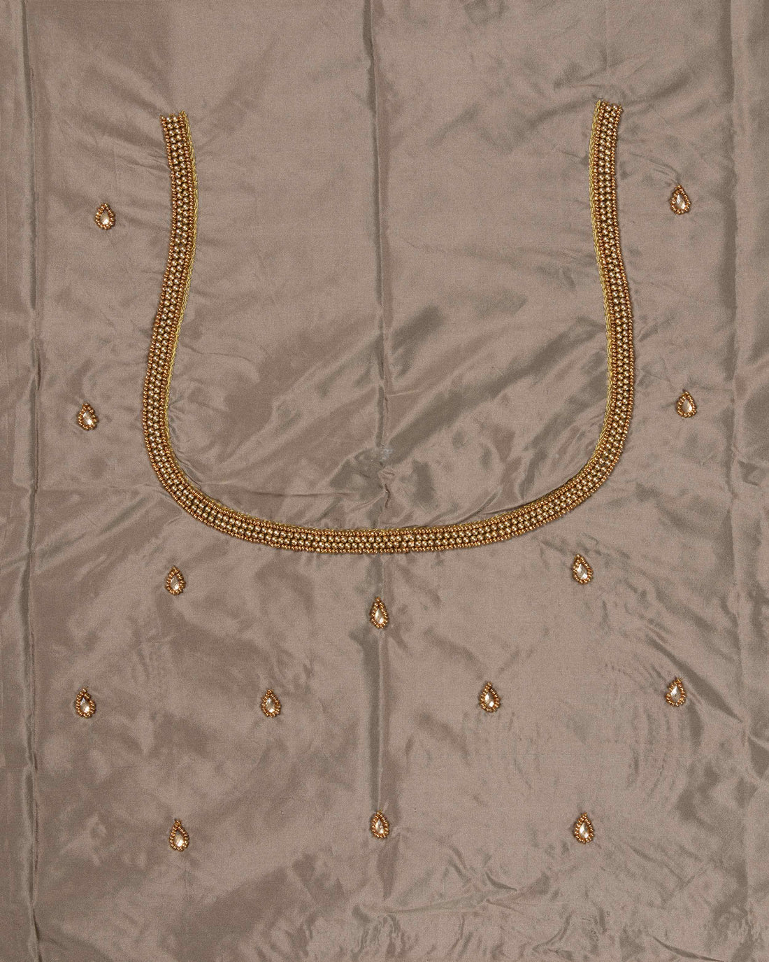 Unstitched Blouse Material with Intricate Gold Aari Embroidery & Mirror Work - Brown