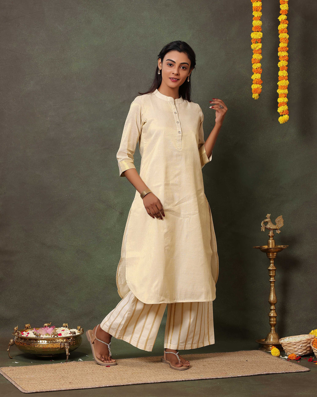 Graceful Women’s Tissue Kurta Set with Straight Pants and Subtle Zari Work- Sandal