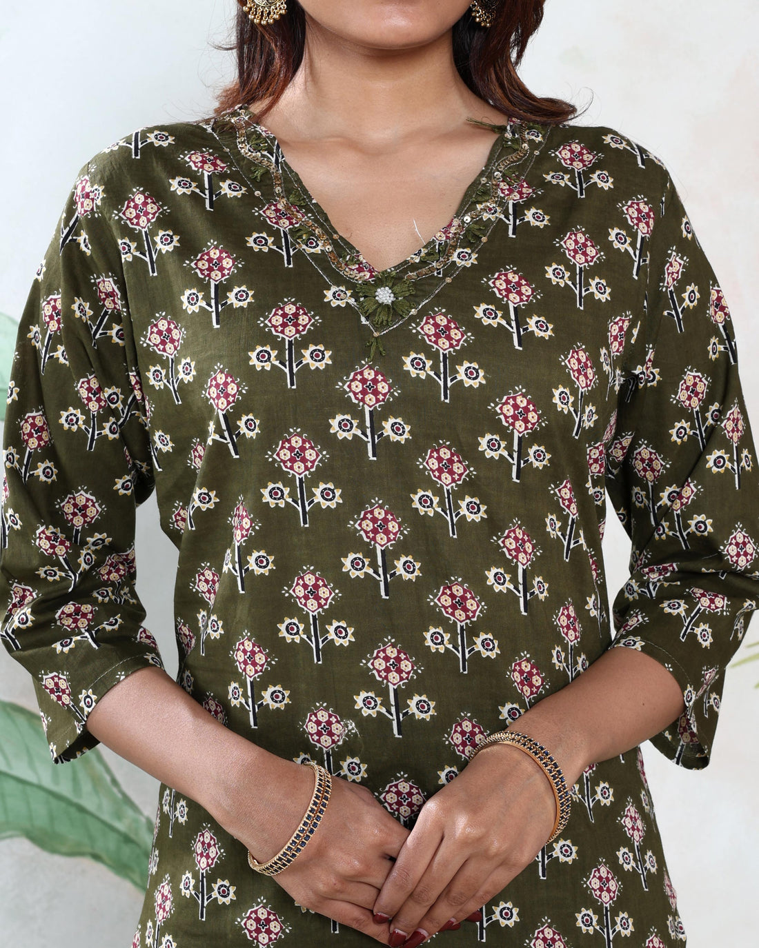 Women’s Floral Printed Readymade Salwar Suit Set with Dupatta Elegant Straight Kurta with Coordinated Pants - Olive Green