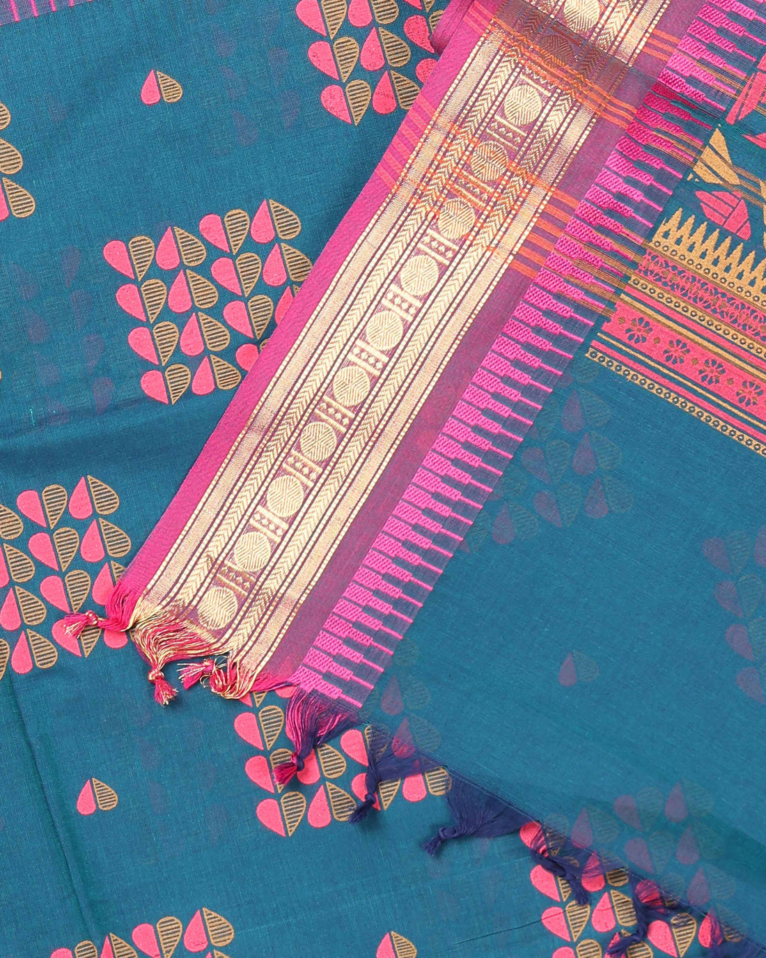 Traditional Handloom Cotton Saree with Geometric Weave - Teal