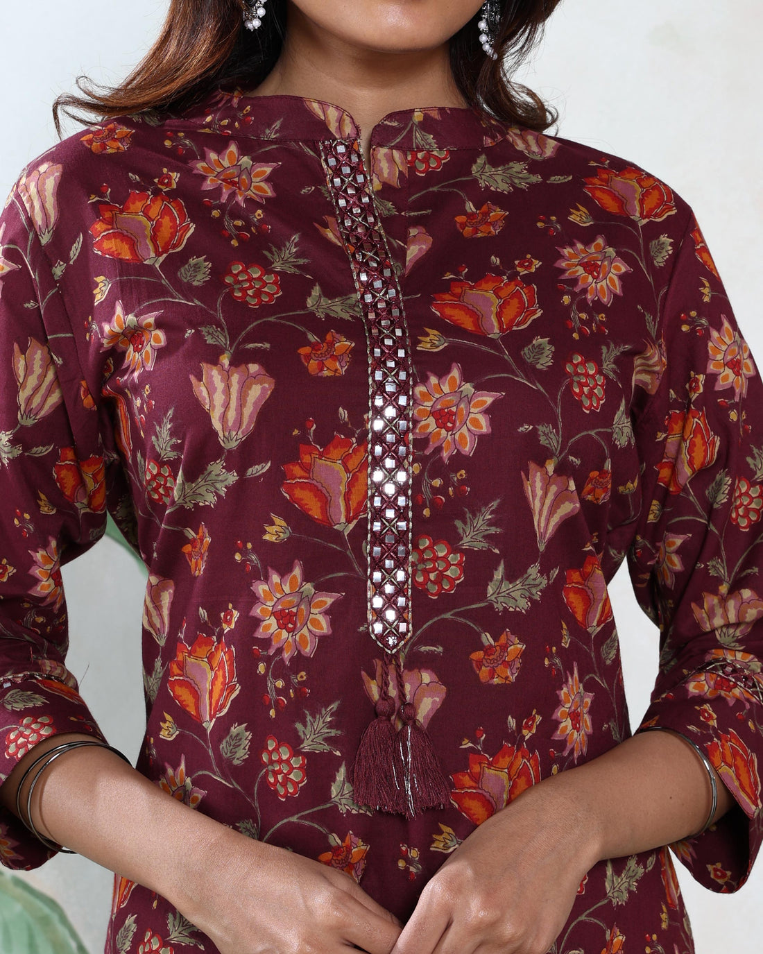 Women’s Floral Printed Straight Fit Kurta with Mandarin Collar Decorative Front Placket and 3/4th Sleeves - Maroon