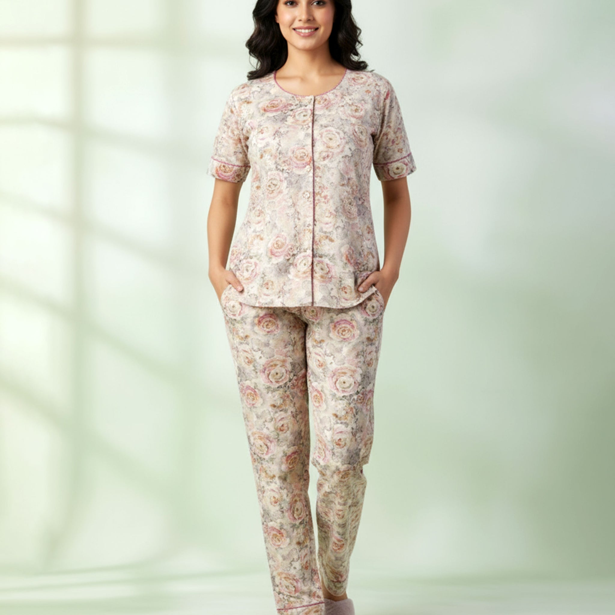 Women's Floral Print Short Sleeve Night Wear - Sandal
