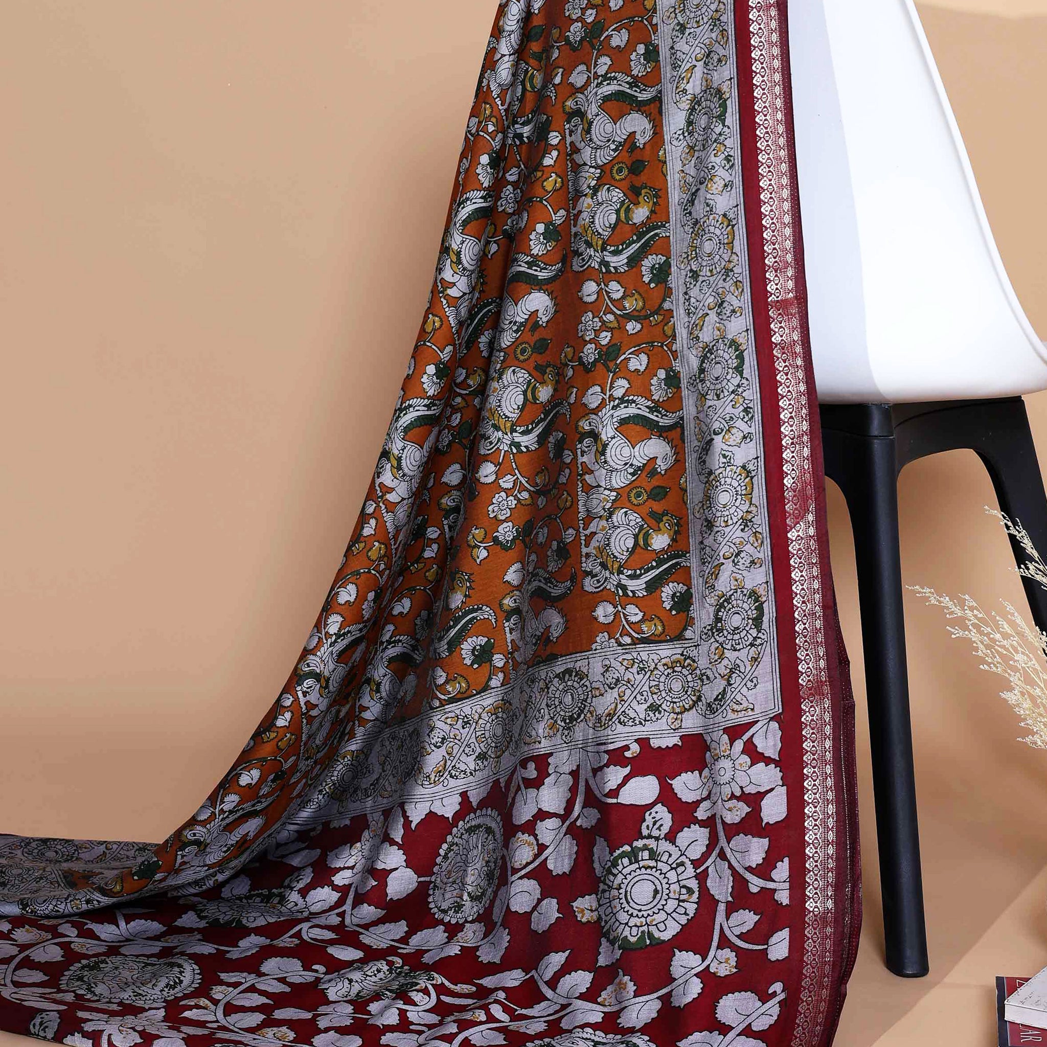 Elegant Semi Chanderi Saree with Traditional Kalamkari Handcrafted Motifs and Intricate Zari Border - Mustard Yellow