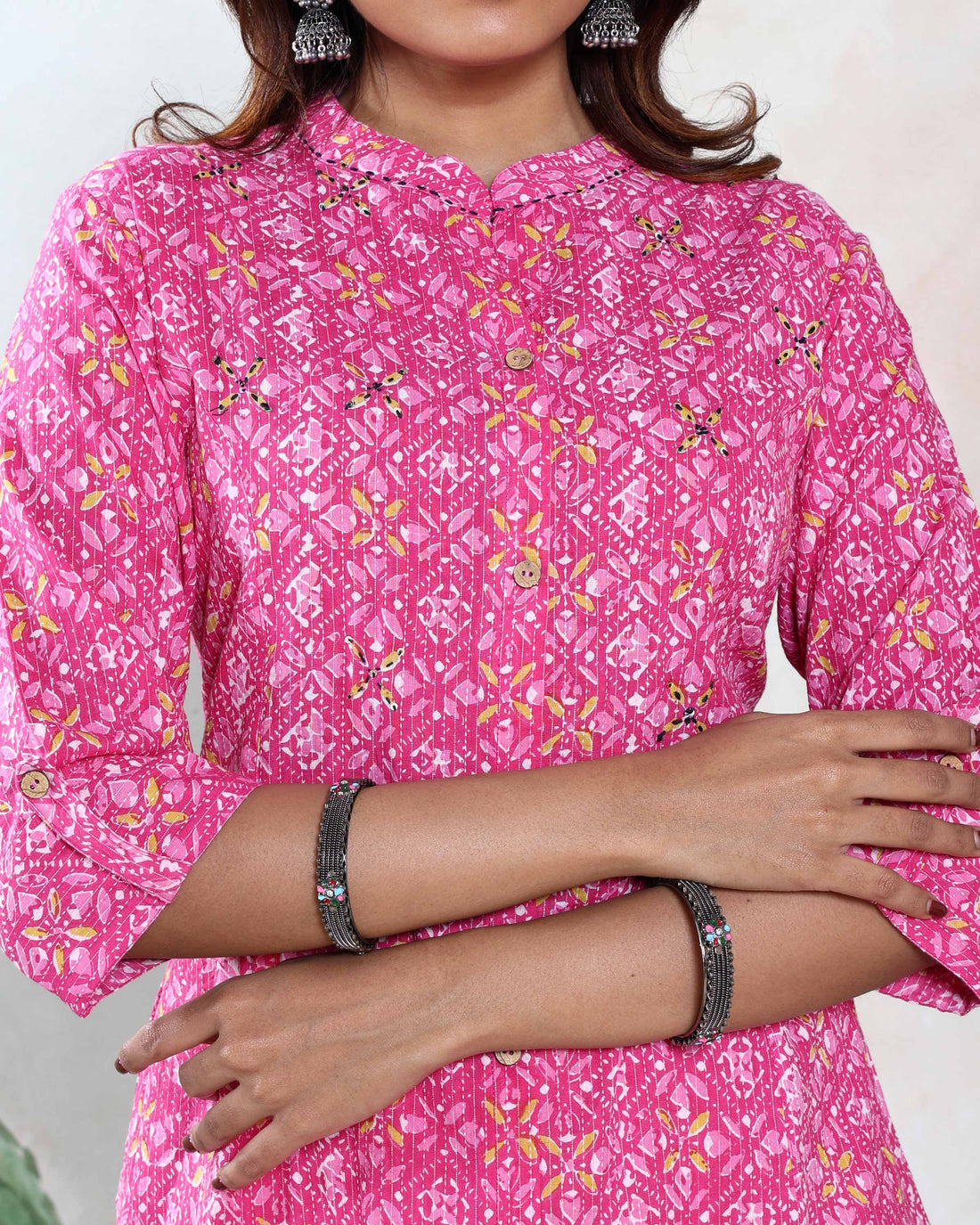 Women’s Ethnic Printed A-Line Kurta with Mandarin Collar 3/4th Sleeves Button-Front Detailing and Traditional Motif Design - Pink