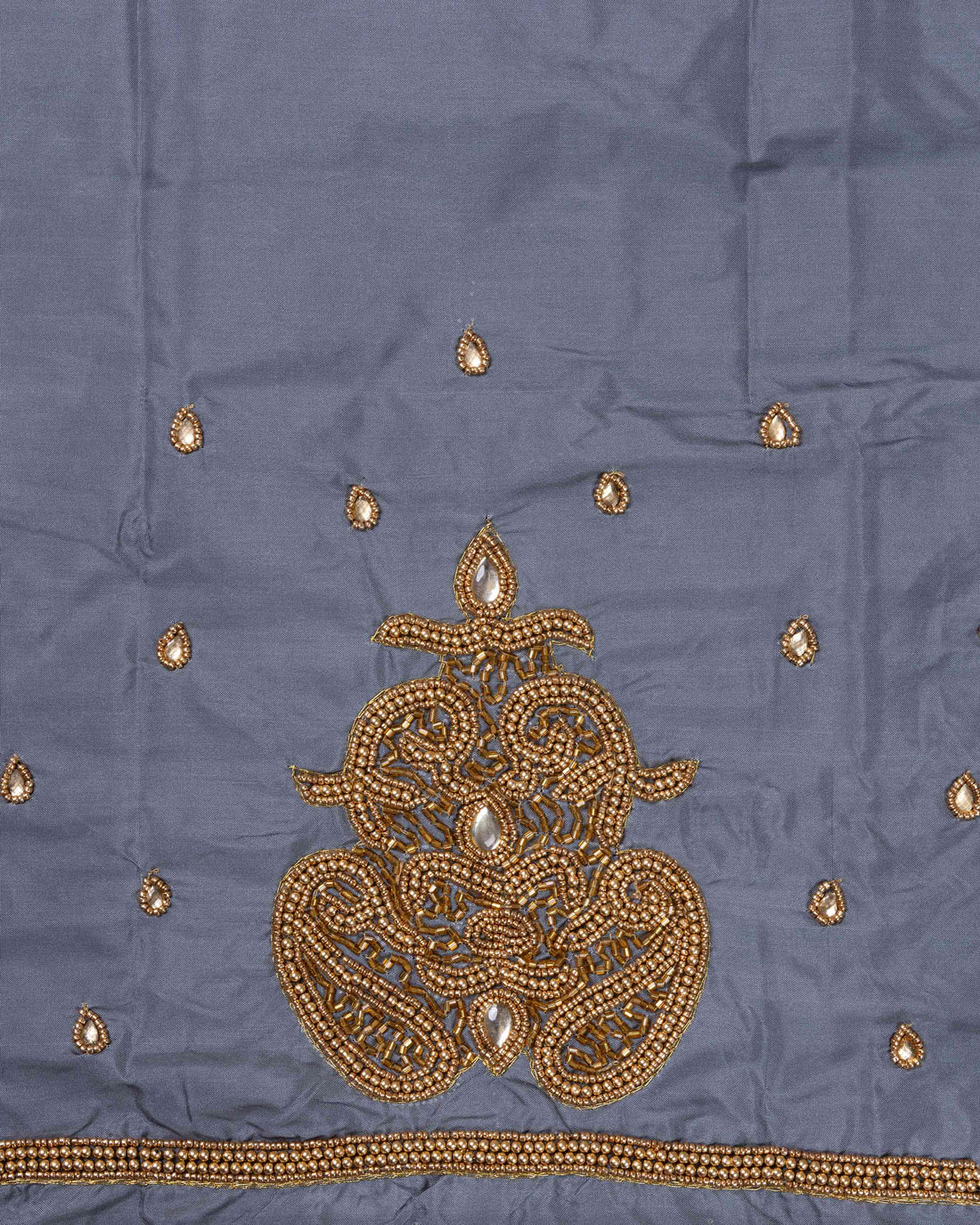Unstitched Blouse Material with Intricate Gold Aari Embroidery and Mirror Work - Grey