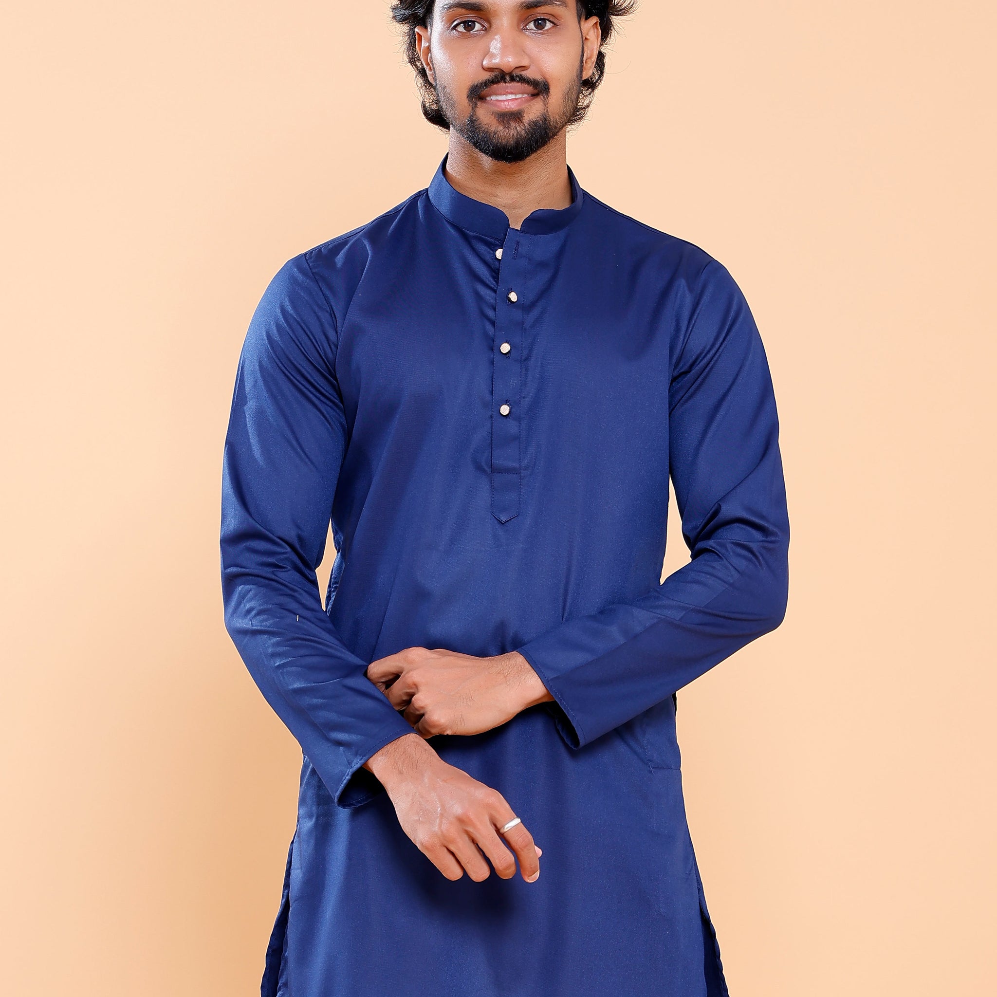 Elegant Men's Solid Mandarin Collar Kurta with Full Sleeves - Blue