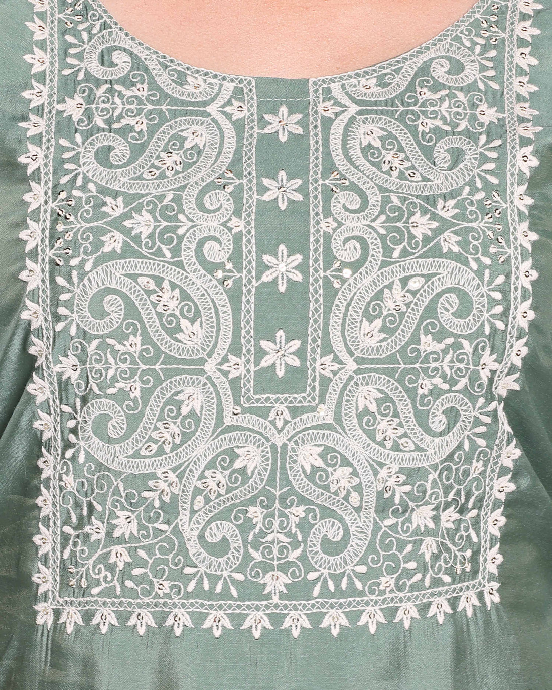 Women's Embroidered Silk Blend Kurta Palazzo Set  - Green