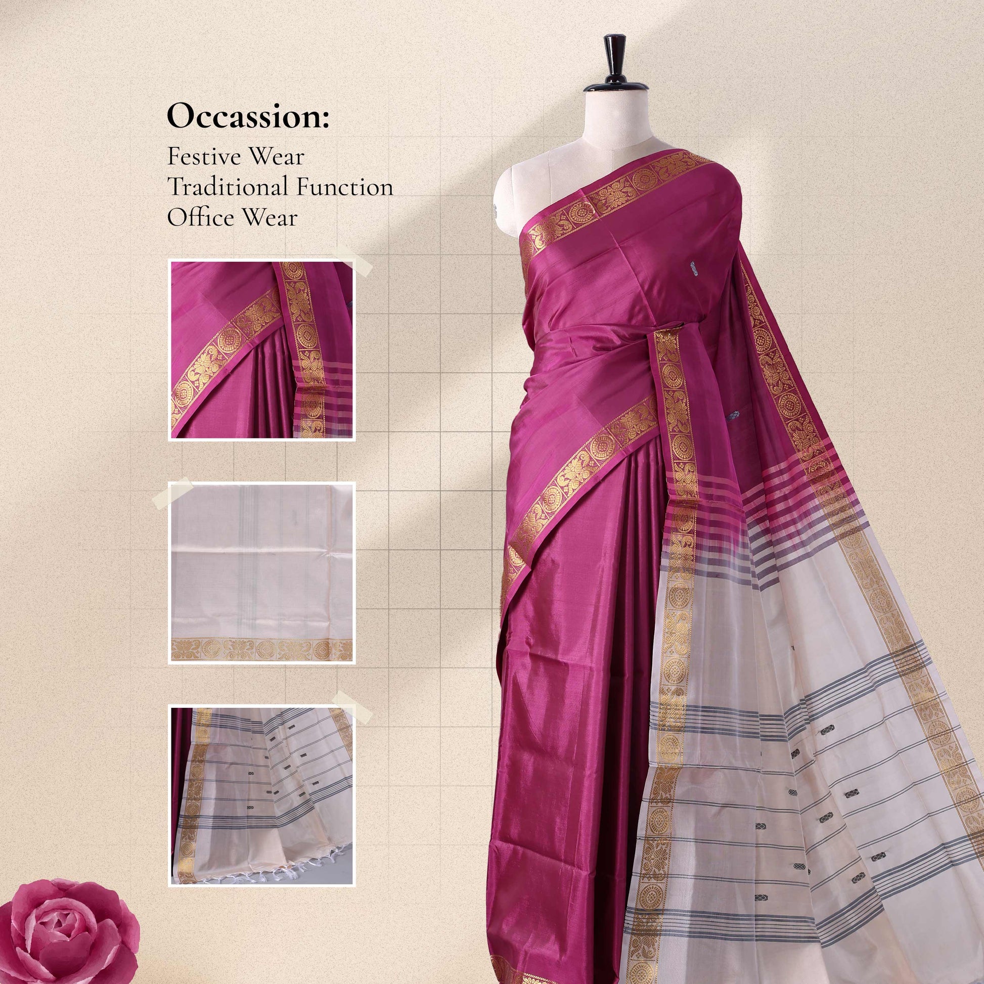 Banana Pith Saree in Magenta with Beige Pallu and Intricate Gold Zari Border