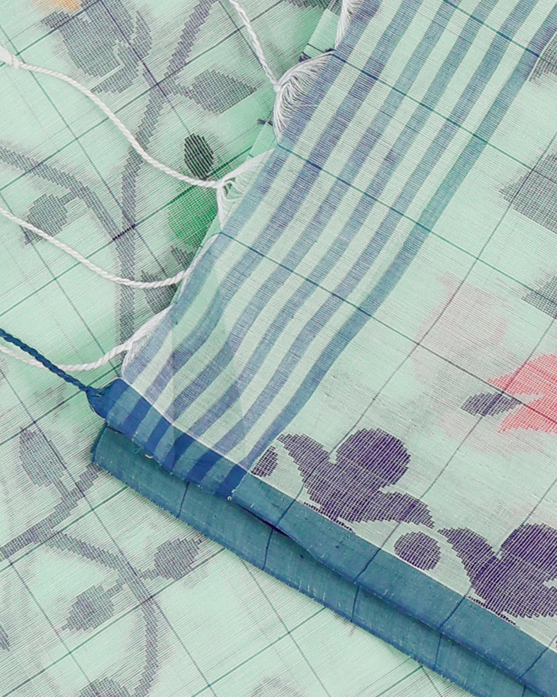 Pista Green Checked & Floral Design Bengal Cotton Saree