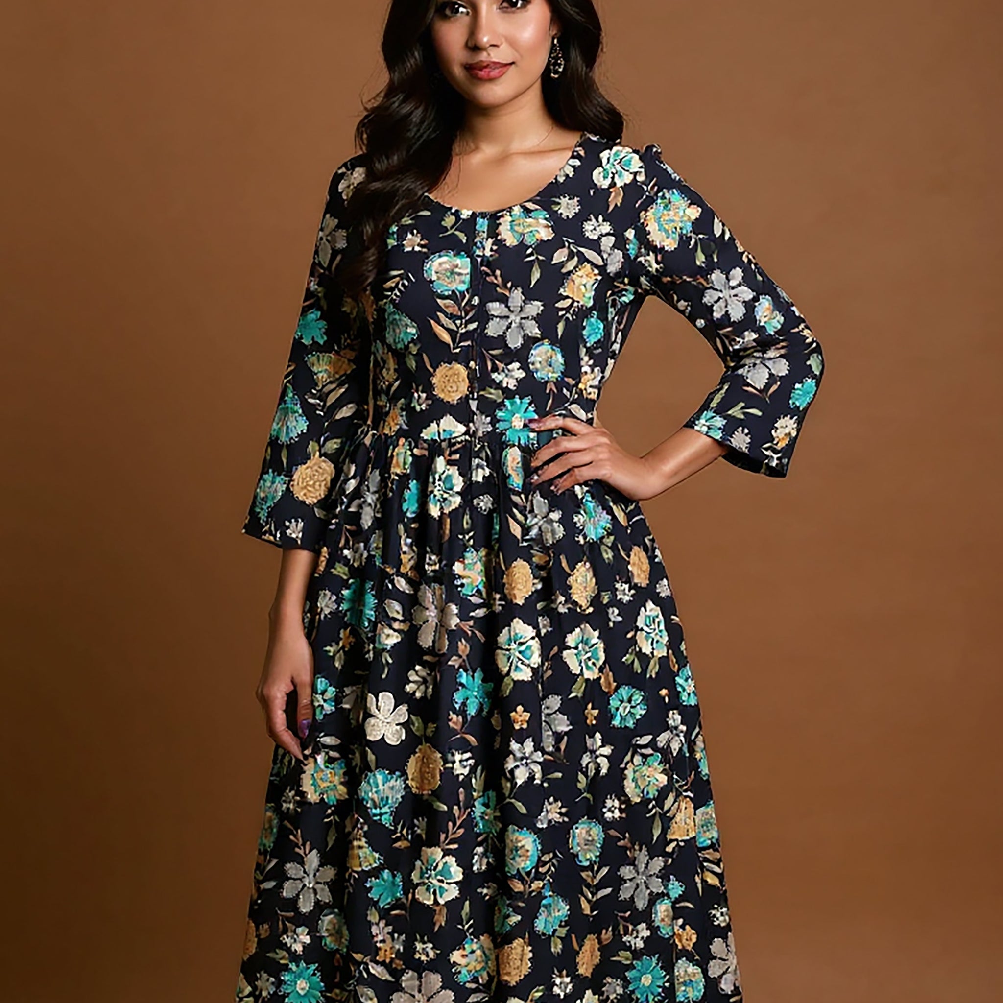 Maternity Wear - Elegant Navy Blue Floral Print Button-Down Women's Feeding Top