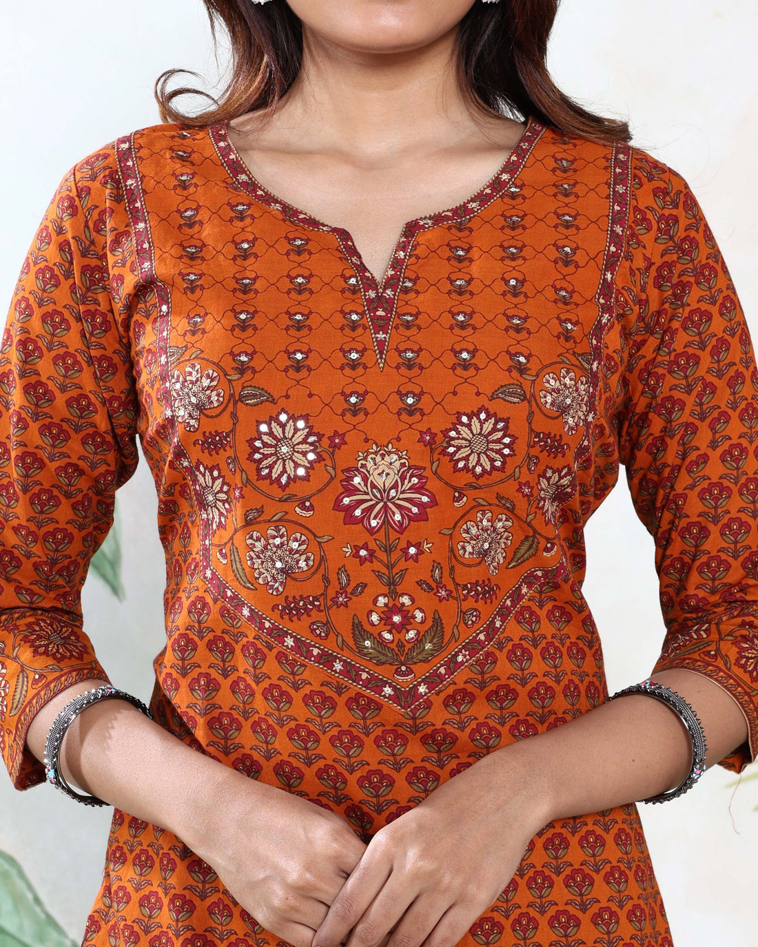 Women’s Printed Readymade Salwar Suit Set with Straight Kurta Matching Pants and Dupatta, Orange