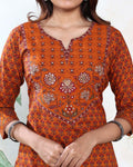 Women’s Printed Readymade Salwar Suit Set with Straight Kurta Matching Pants and Dupatta, Orange