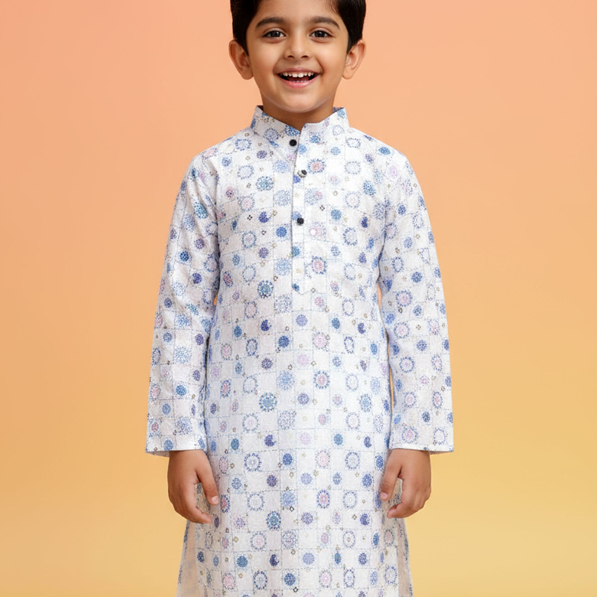 Boys White Kurta Set with Blue & Lavender Circular Floral Print  with Geometric Touch