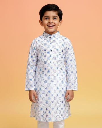 Boys White Kurta Set with Blue & Lavender Circular Floral Print  with Geometric Touch