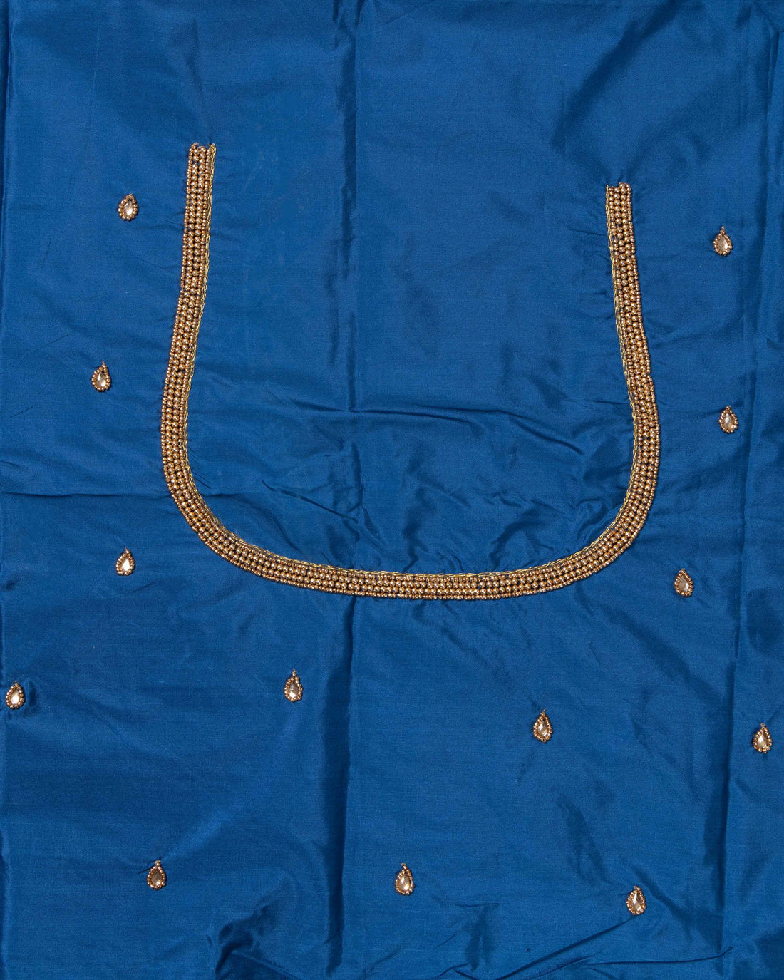 Vibrant Unstitched Blouse Material with Intricate Peacock Aari Embroidery & Stone Work - Blue