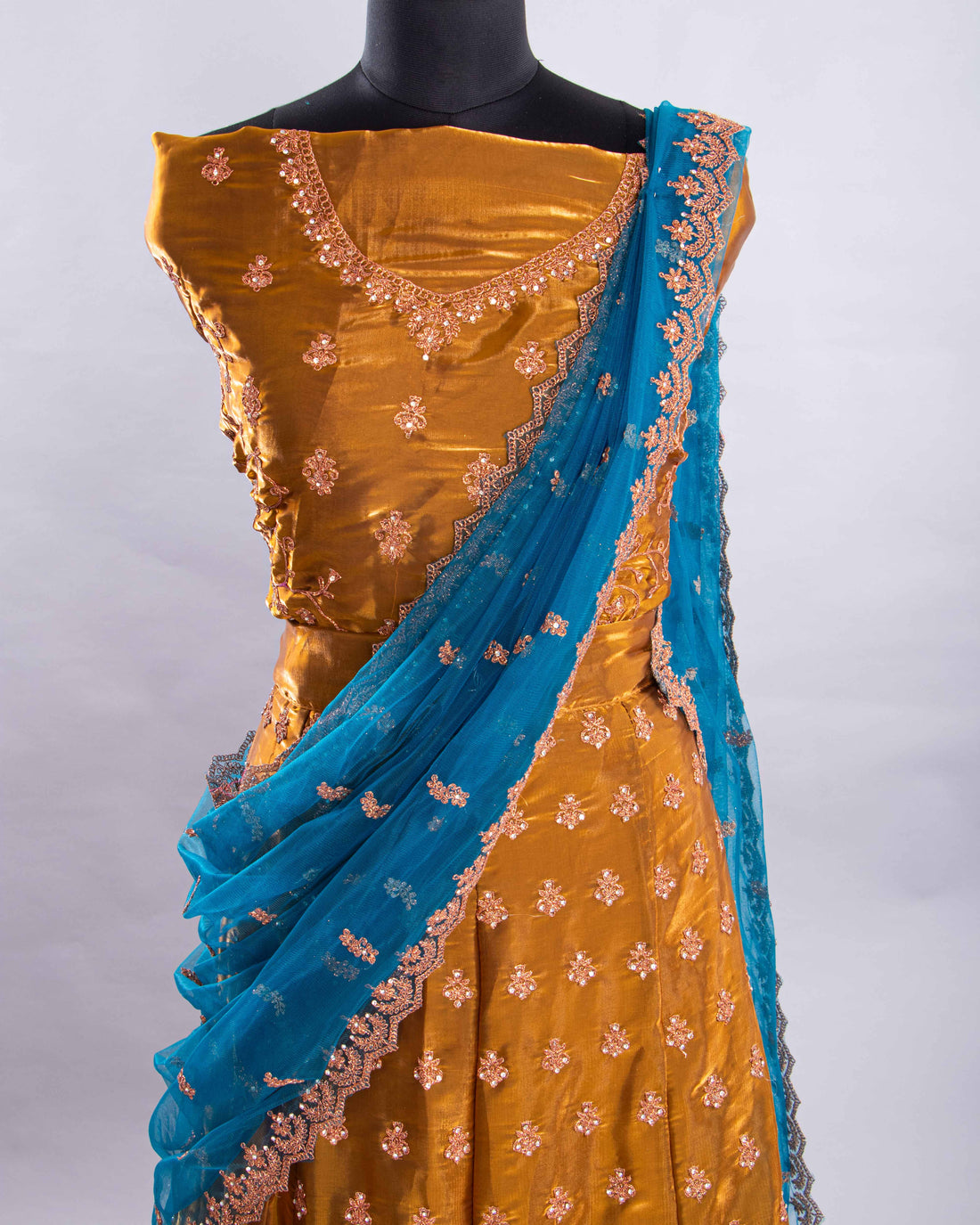Gold With Light Blue Colour Embroidered Semi - Stitched Lehenga