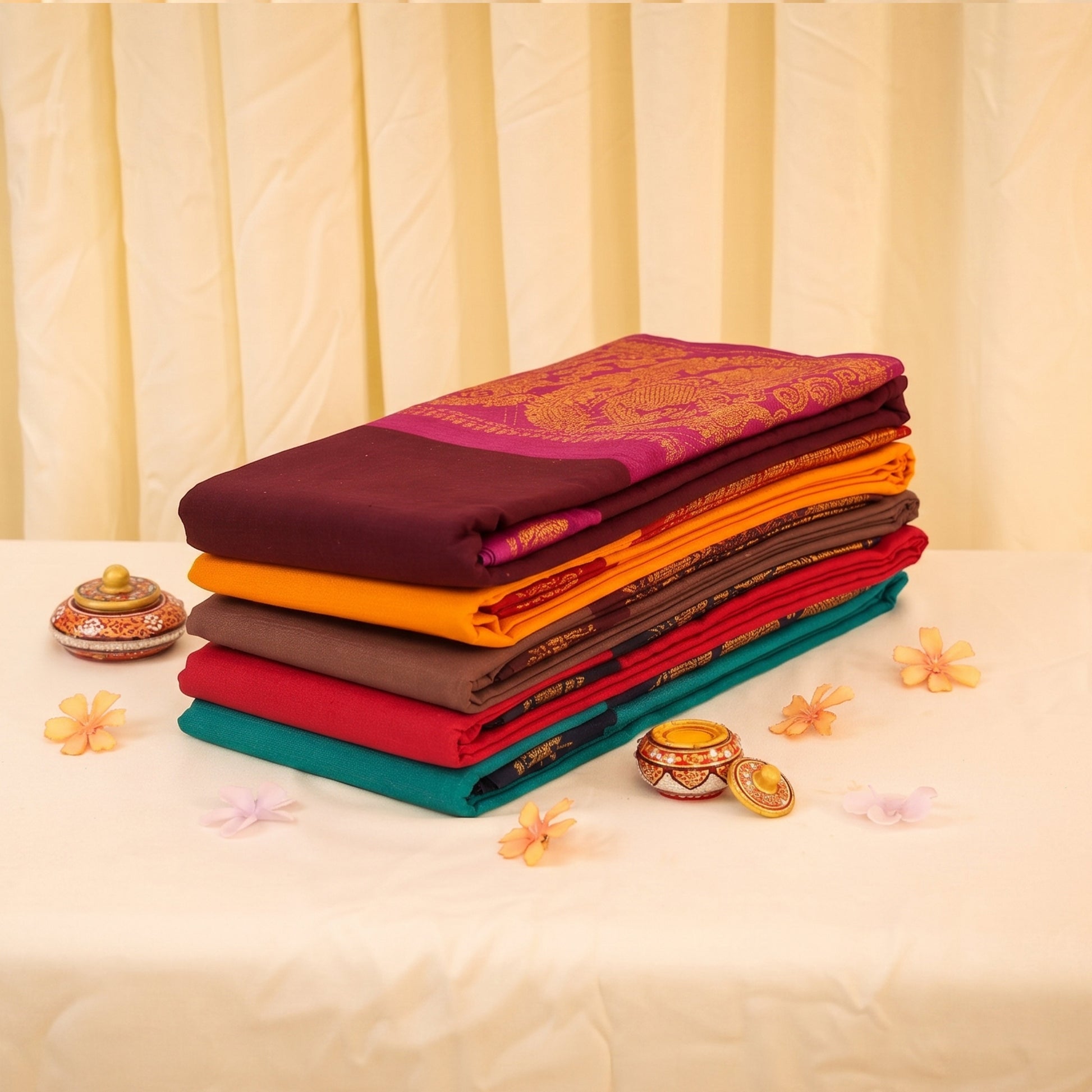 Folded Sungudi cotton saree collection in vibrant maroon, mustard, green, red and brown shades with zari motifs stacked display view