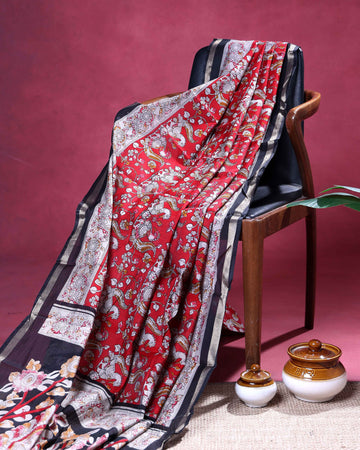 Elegant Semi Chanderi Saree with Kalamkari Inspired Motifs and A Plain Gold Woven Border - Red
