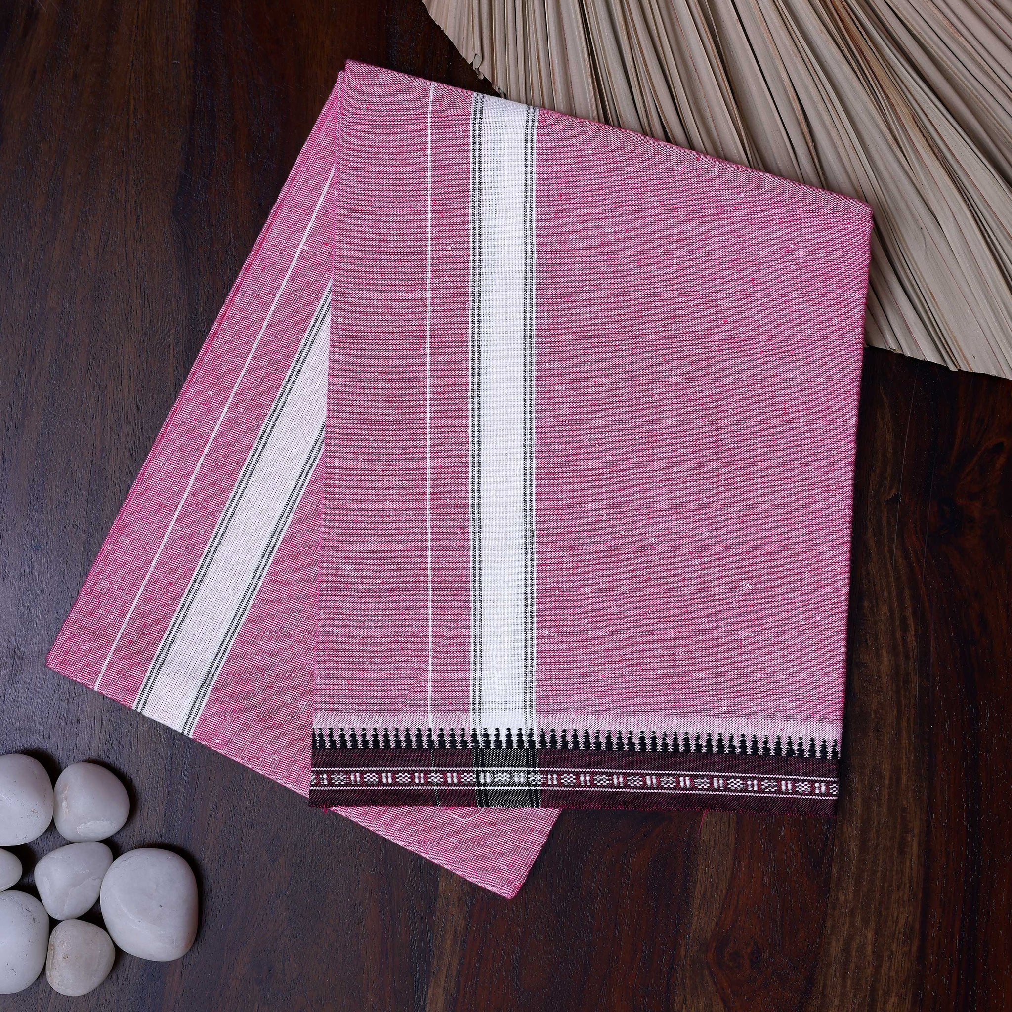 Men's Handloom Cotton Dhoti with Striped Pattern and Maroon Border - Pink
