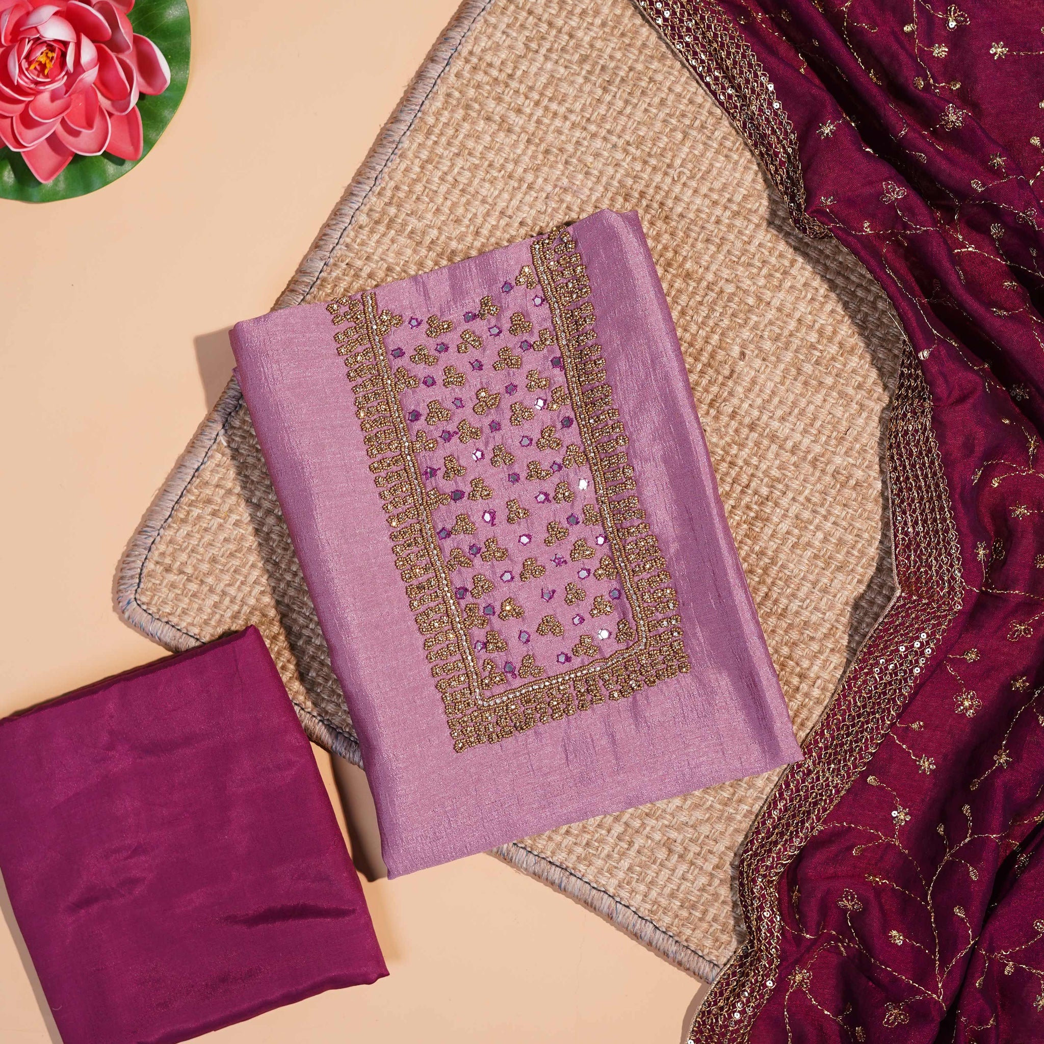 Embroidered Unstitched Salwar Suit Material with Zari & Sequin Work - Lavender