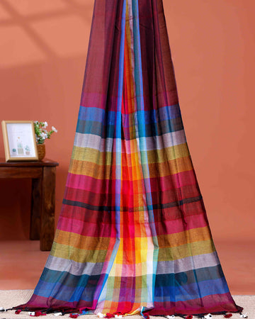 Handloom Mul Mul Cotton Saree with Vertical Stripe Pattern and Decorative Tassels - Maroon