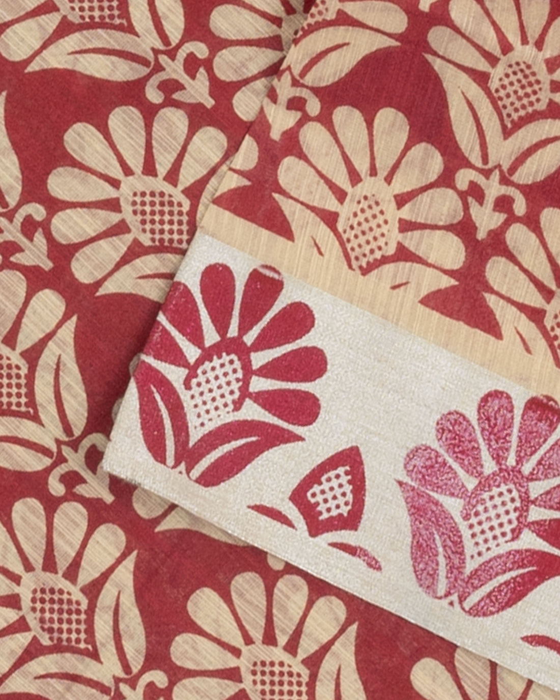 Red Printed Poly Cotton Saree