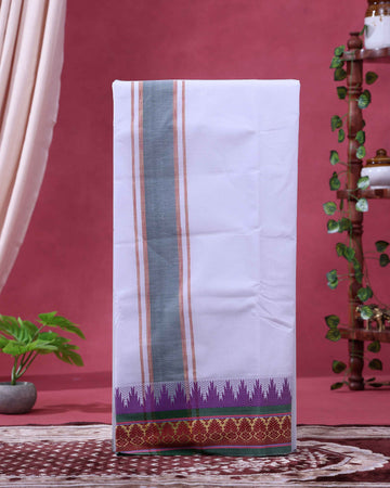 Men’s Traditional Handloom 9+5 Meter Cotton Dhoti with Multi Border - Off White