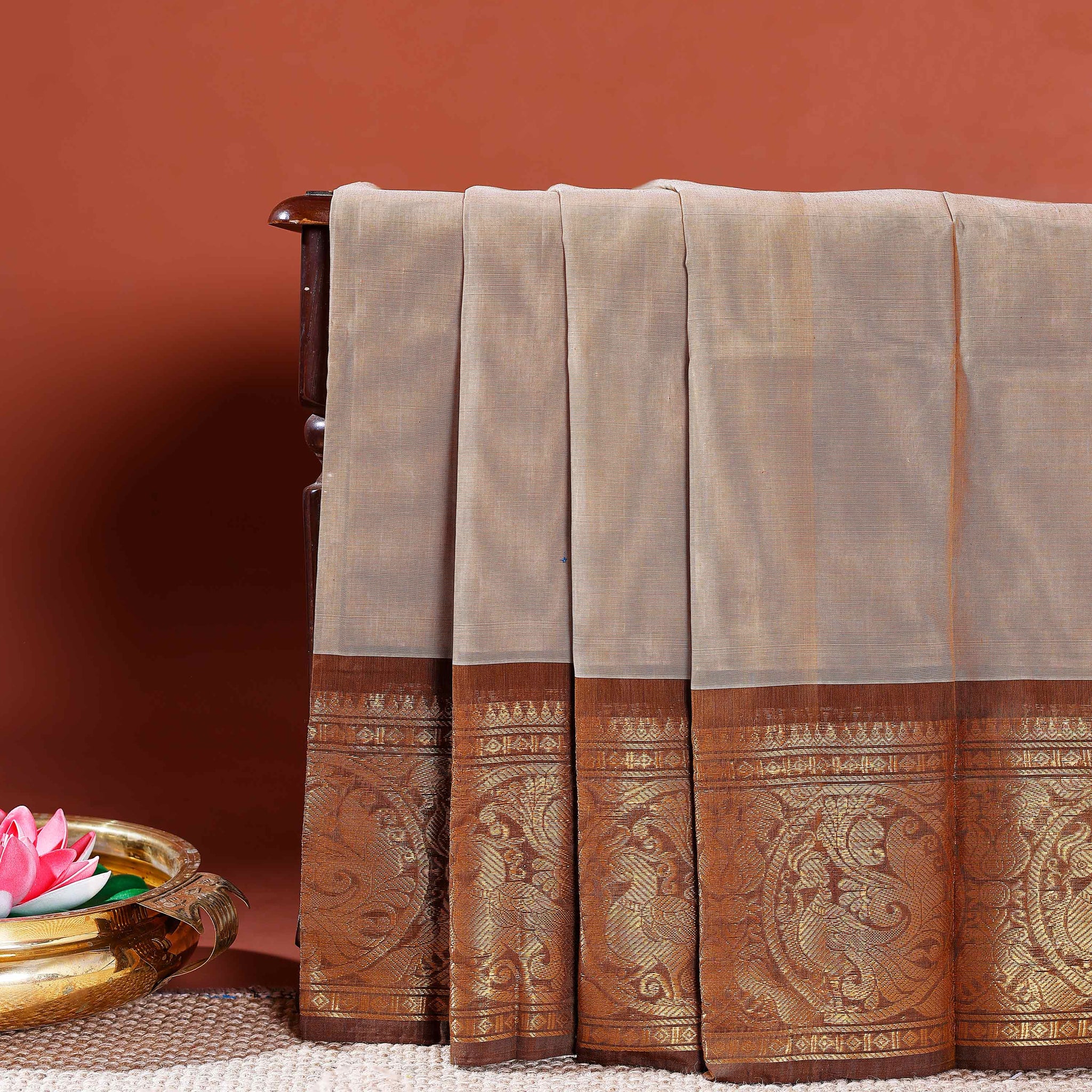 Chettinad Cotton Handloom Saree with Zari-Woven Border and Traditional Motifs  - Brown
