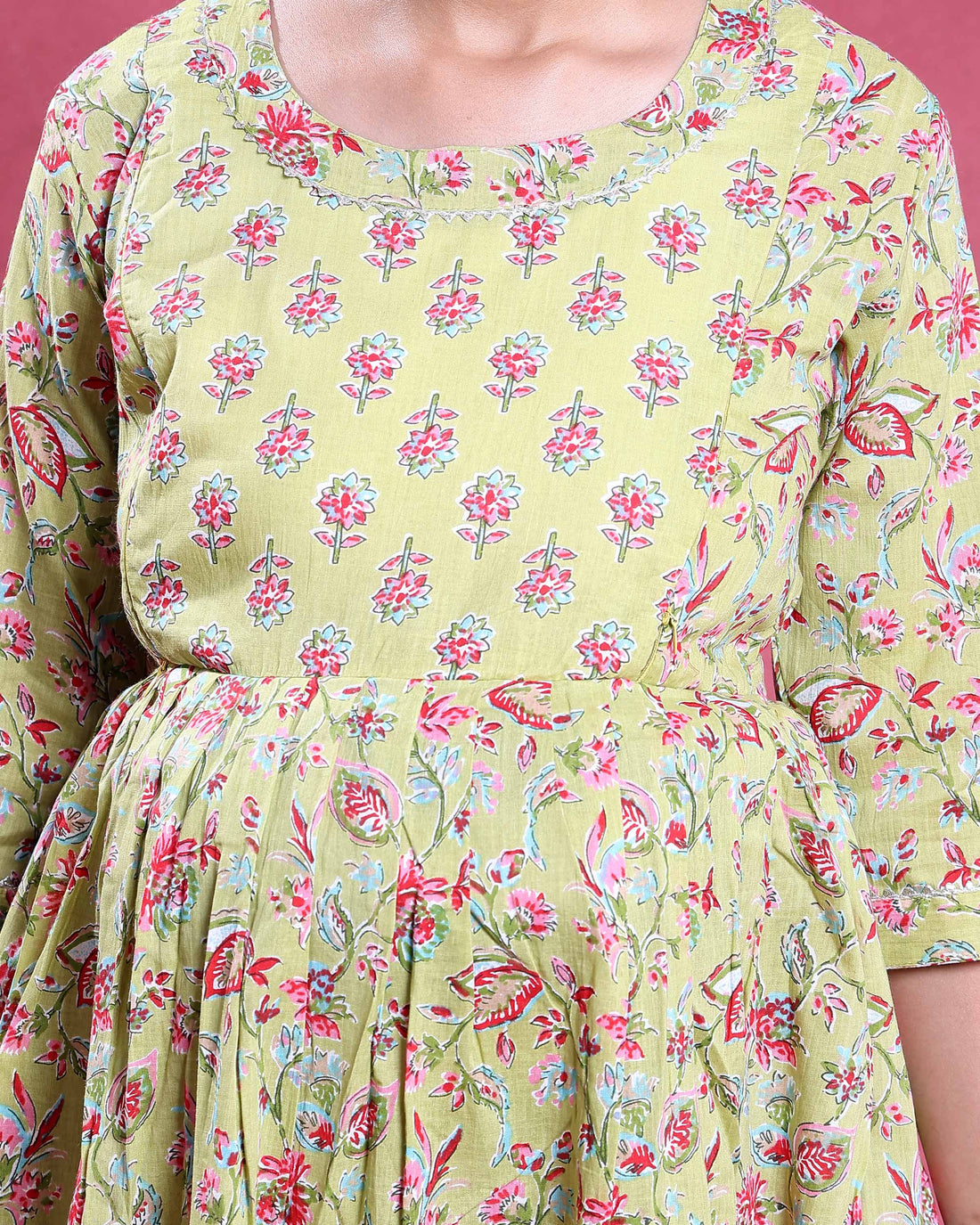 Women’s Floral Printed Maternity Feeding Dress with Concealed Zipper Nursing Access Gathered A-Line Fit Round Neck and 3/4th Sleeves - Light Green