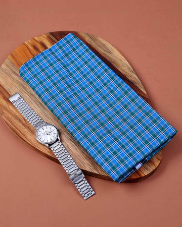 Nandu Brand Men's Premium Cotton Checked 2.20 Meter Stitched Lungi - Blue