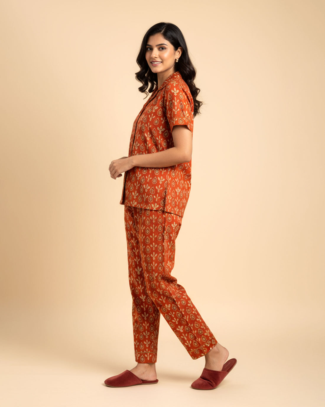 Women's Leaf Print Short Sleeve Night Wear - Orange